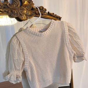Zara Cream Knit Vest with Puff Sleeve Blouse